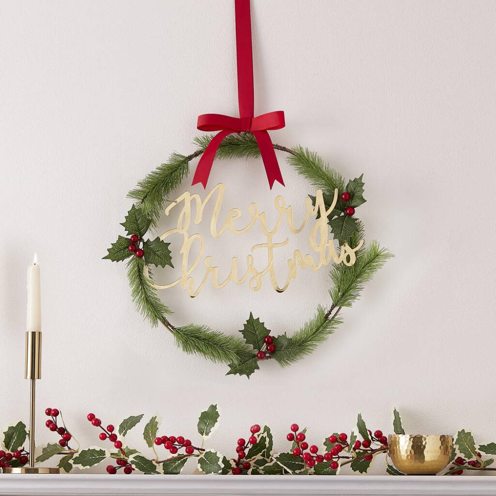 Gold Merry Christmas Door Wreath With Festive Foliage | Floral wreaths Floral wreaths Floral wreaths