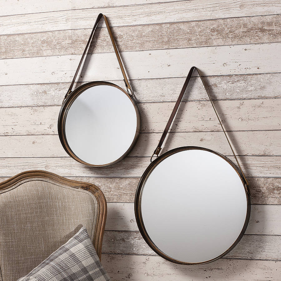 Industrial Round Hanging Mirror Set With Leather Strap | Mirrors Home Accessories Mirrors