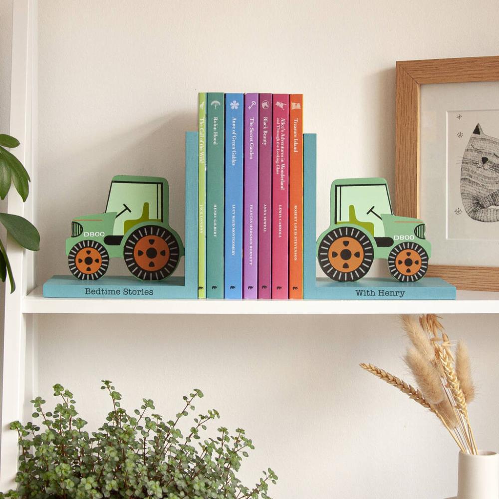 Personalised Kids Green Tractor Bookends | Bookends Bookends Bookends