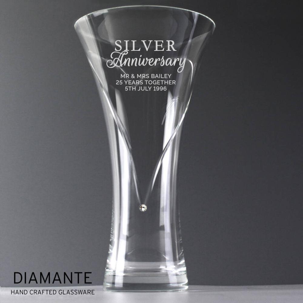 Personalised Silver Anniversary Diamante Heart Vase | Vases Home Accessories Vases