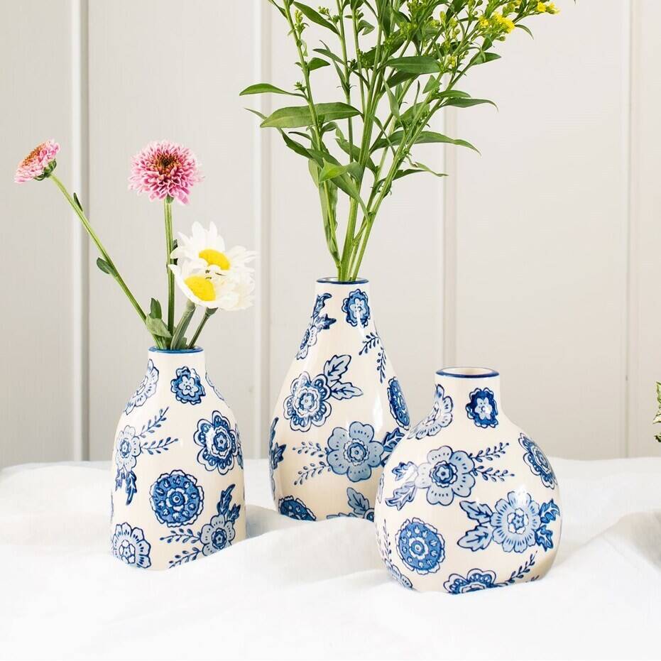 Set Of Three Blue Floral Pattern Vases | Vases Home Accessories Vases