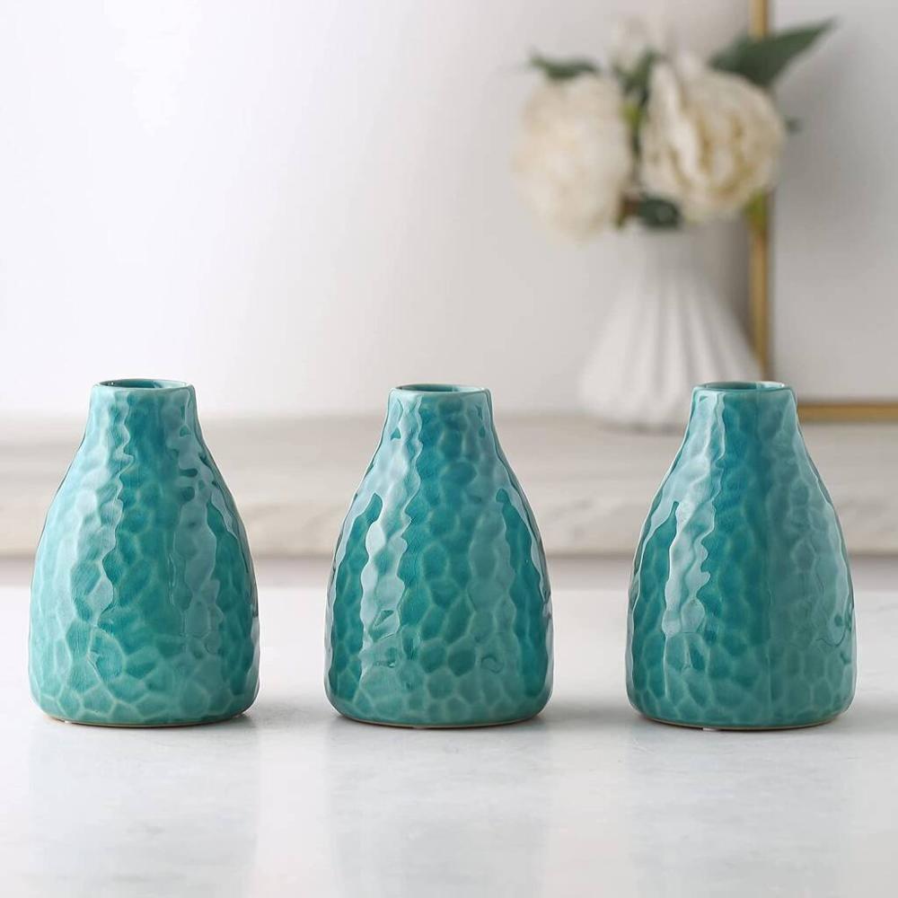 Set Of Three Glazed Blue Green Ceramic Flower Vase | Vases Home Accessories Vases