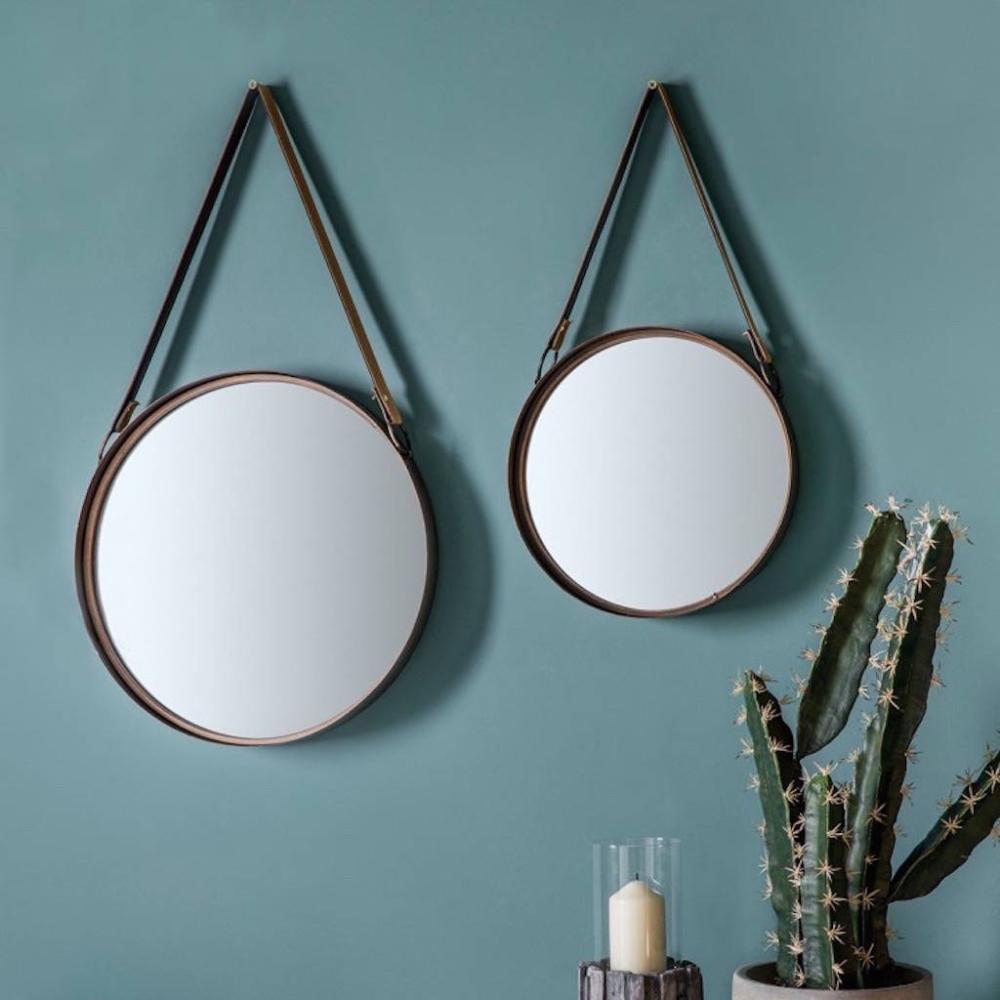 Set Of Two Round Mirrors With Faux Leather Straps | Mirrors Home Accessories Mirrors